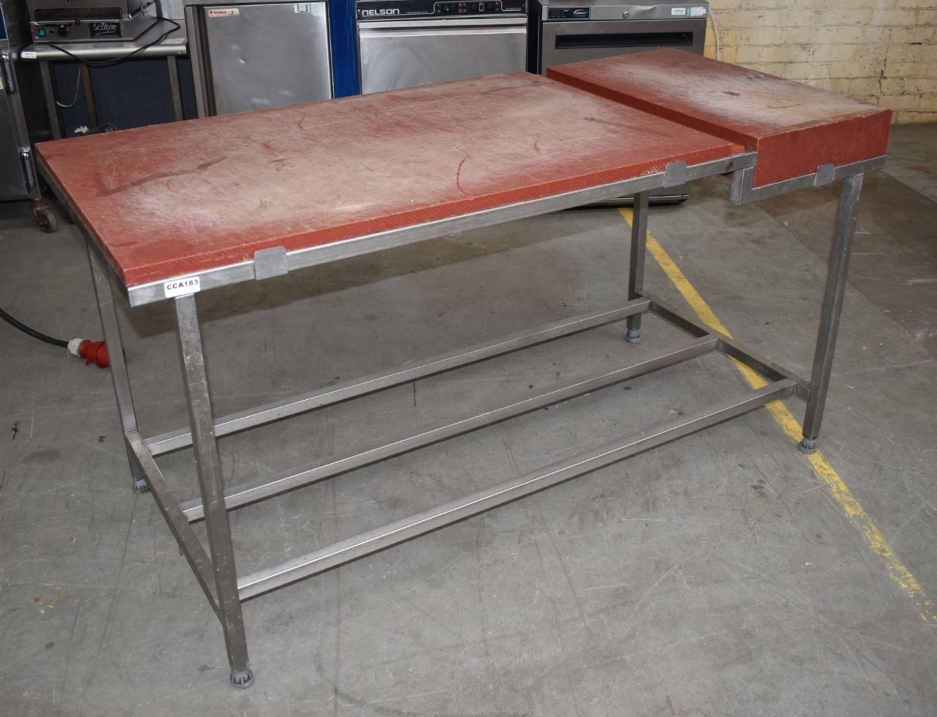 1 x Butchers Chopping Block Unit With Two Plastic Chopping Blocks on Stainless Steel Stand -