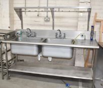 1 x Commercial Kitchen Wash Station With Two Large Sink Bowls, Mixer Taps, Drainer,  Detergent