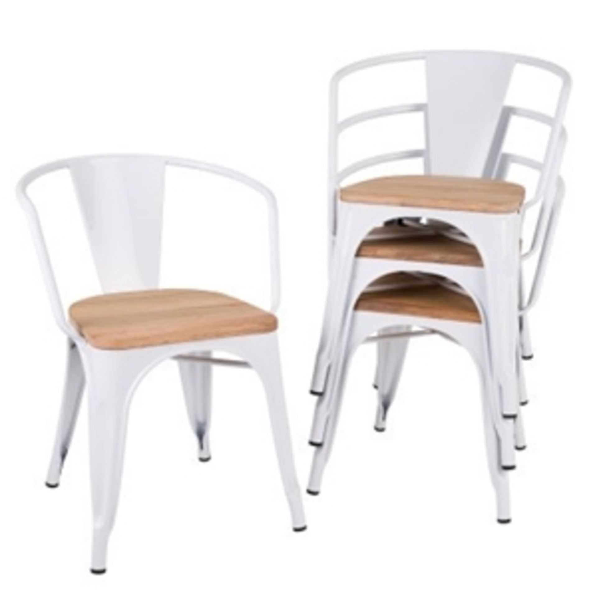 4 x Industrial Tolix Style Stackable Chairs With Armrests and Wooden Seats - Finish: WHITE/PINE - - Image 4 of 5