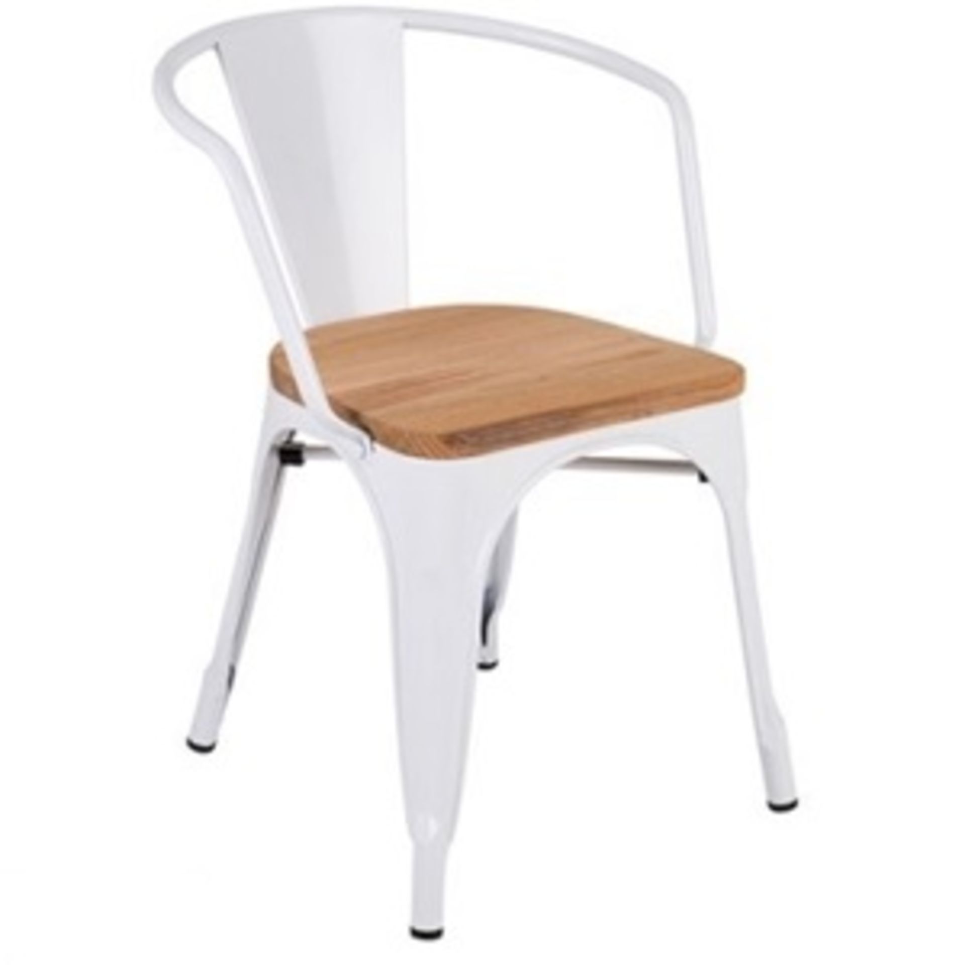 4 x Industrial Tolix Style Stackable Chairs With Armrests and Wooden Seats - Finish: WHITE/PINE -