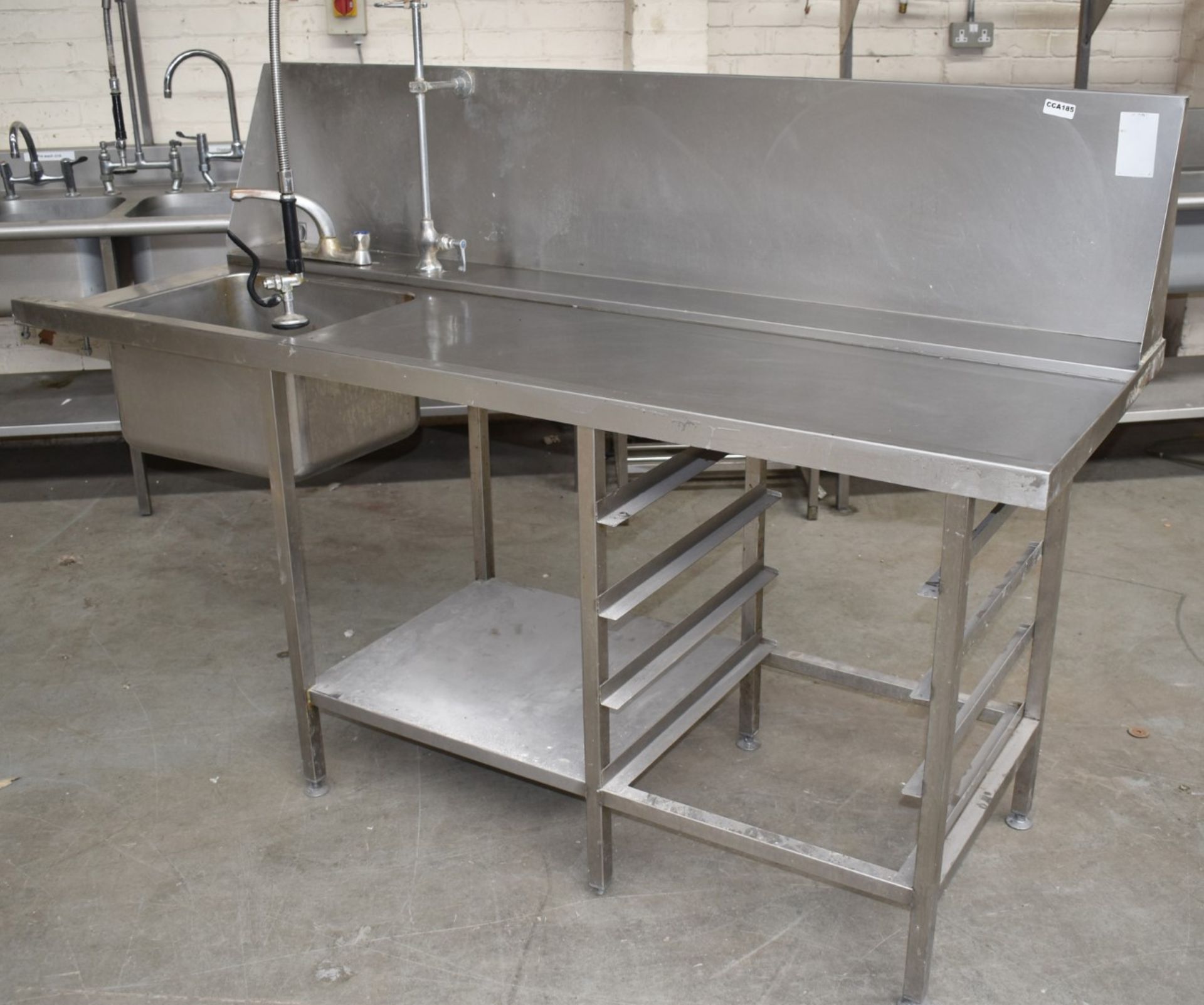 1 x Stainless Steel Passthrough Dishwasher Inlet Table Featuring Wash Basin, Mixer Tap, Hose Spray