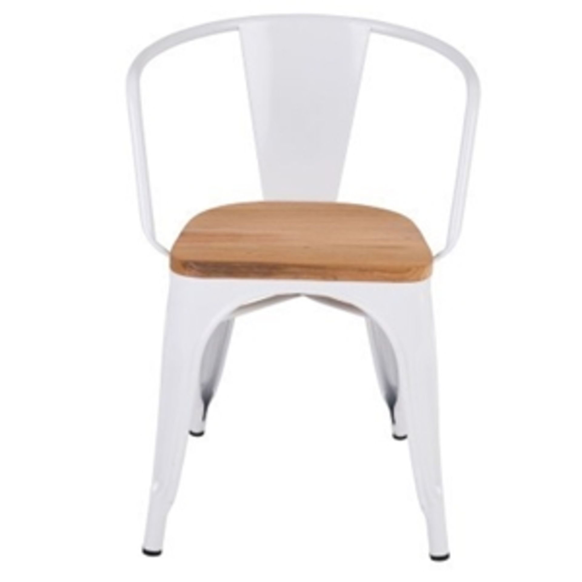 4 x Industrial Tolix Style Stackable Chairs With Armrests and Wooden Seats - Finish: WHITE/PINE - - Image 3 of 5