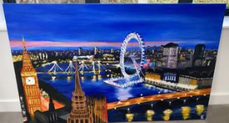 1 x Large Original Painting on Canvas - The London Eye at Night - Features Big Ben, London Eye and