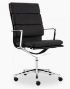 1 x LINEAR Eames-Inspired High Back Soft Pad Office Swivel Chair In BLACK Leather- Brand New Boxed