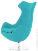 1 x Arne Jacobsen-Inspired Egg Lounge Chair - Upholstered In Aqua Blue Cashmere With Steel Base -