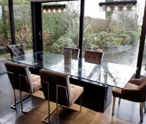1 x Glass Topped 2.7 Metre Long Designer Dining Table With 6 Chairs - Dimensions: 27
