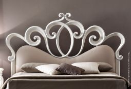 1 x Kingsize Divan Bed With An Ornate CorteZari Italian Headboard In Silver Upholstered In White