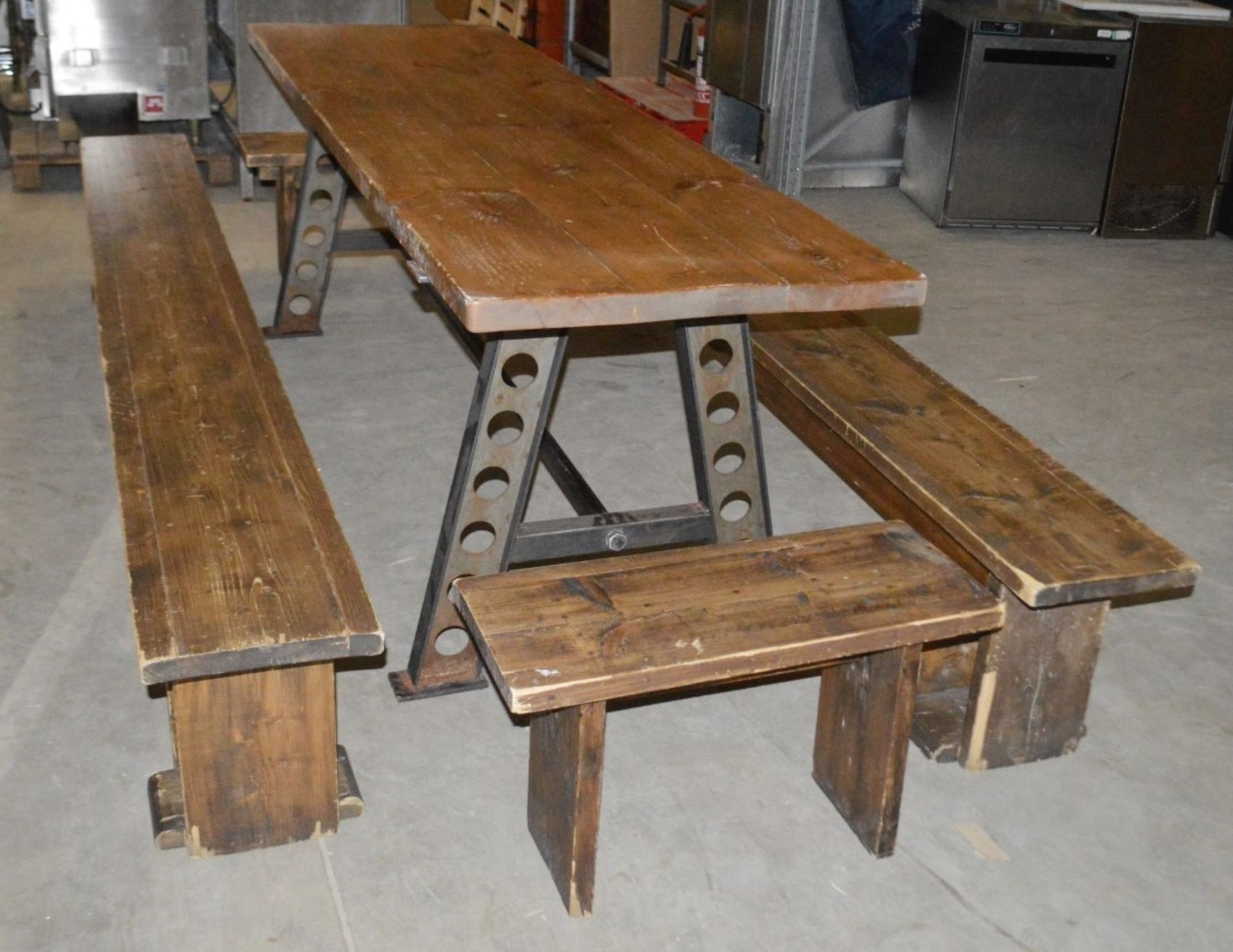 1 x Large Rustic  2.4 Metre Solid Wood Topped Banquet Table With 4 x Benches -  Pre-owned, From A - Image 5 of 11