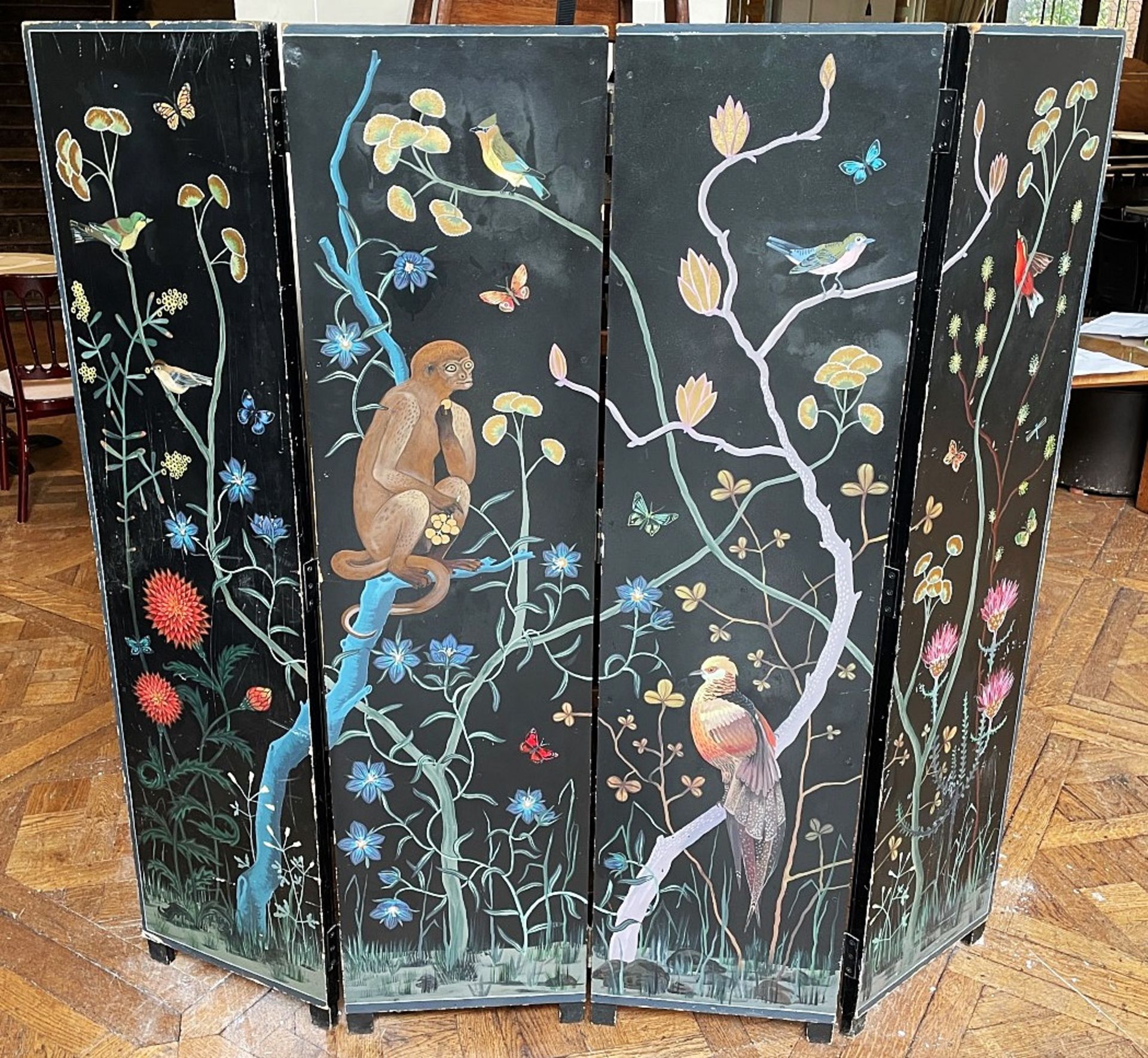 1 x Vintage 4-Panel Hand-painted Room Divider / Dressing Screen In Black With Plant And Animal - Image 3 of 3