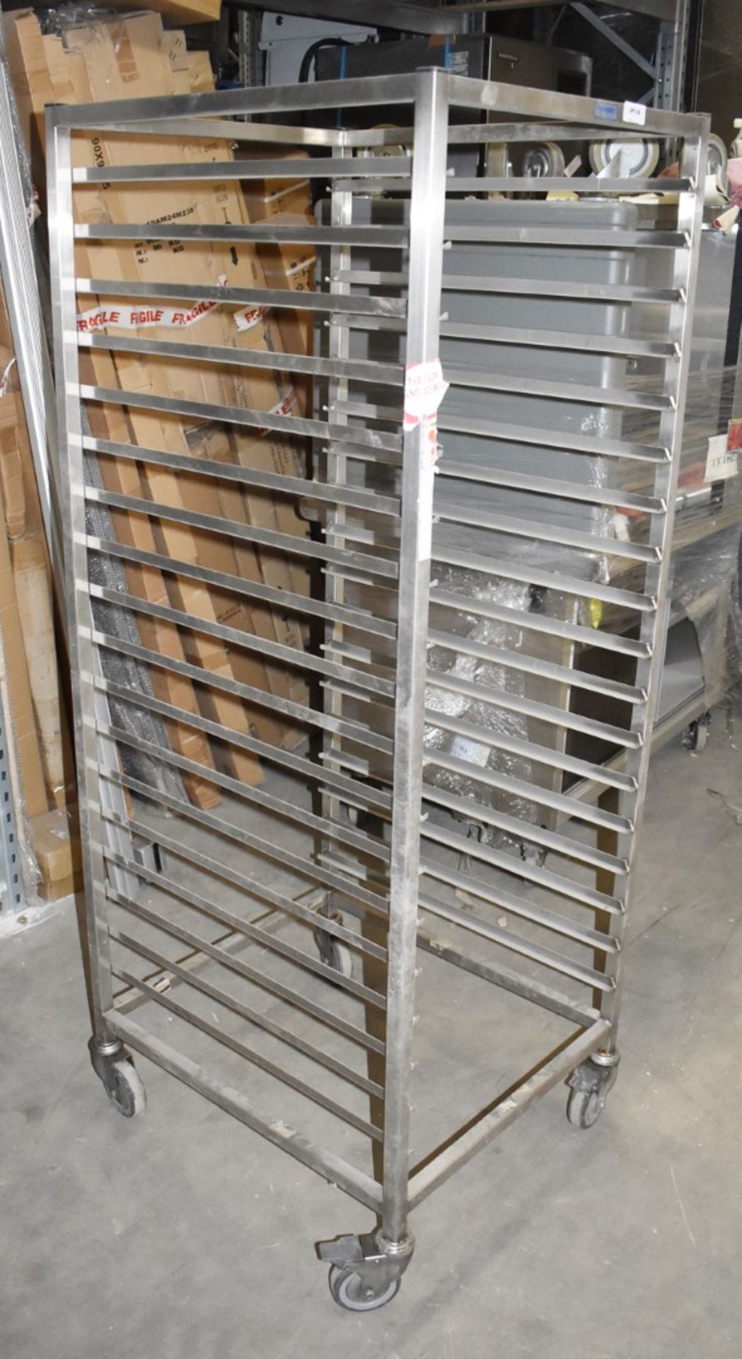 1 x Grundy Stainless Steel Upright 18 Tier Mobile Tray Stand - Unused - Ref JP136 WH2 - Location: