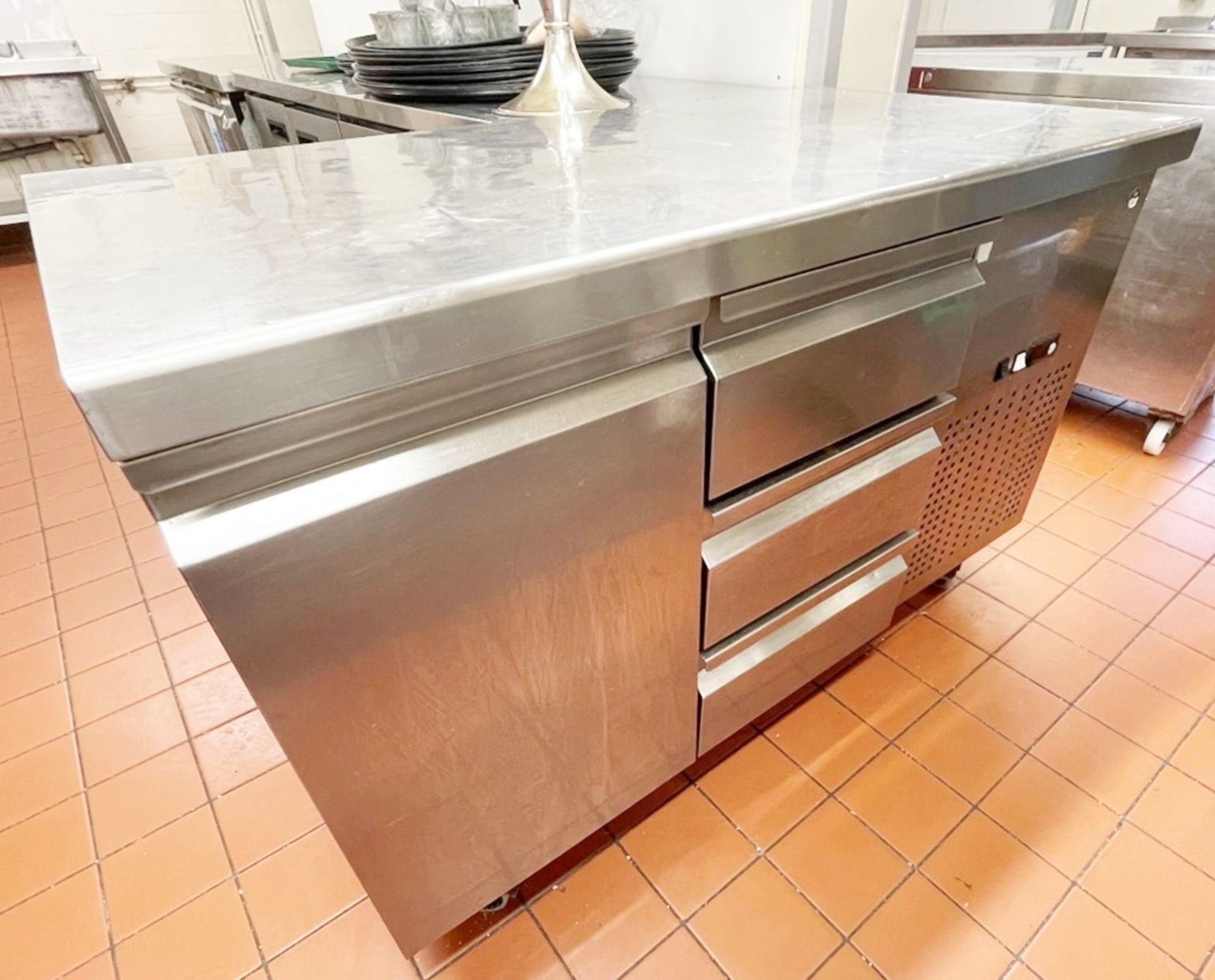 1 x Commercial Refrigerated Prep Counter With Single Door and Three Drawers - Stainless Steel