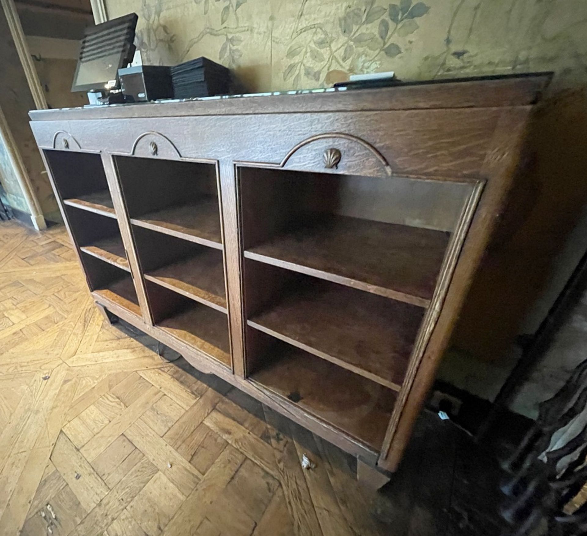 1 x Solid Wood Reception Desk With Storage Shelving - Ref: BLVD123 - CL649 - Location: London W8 *