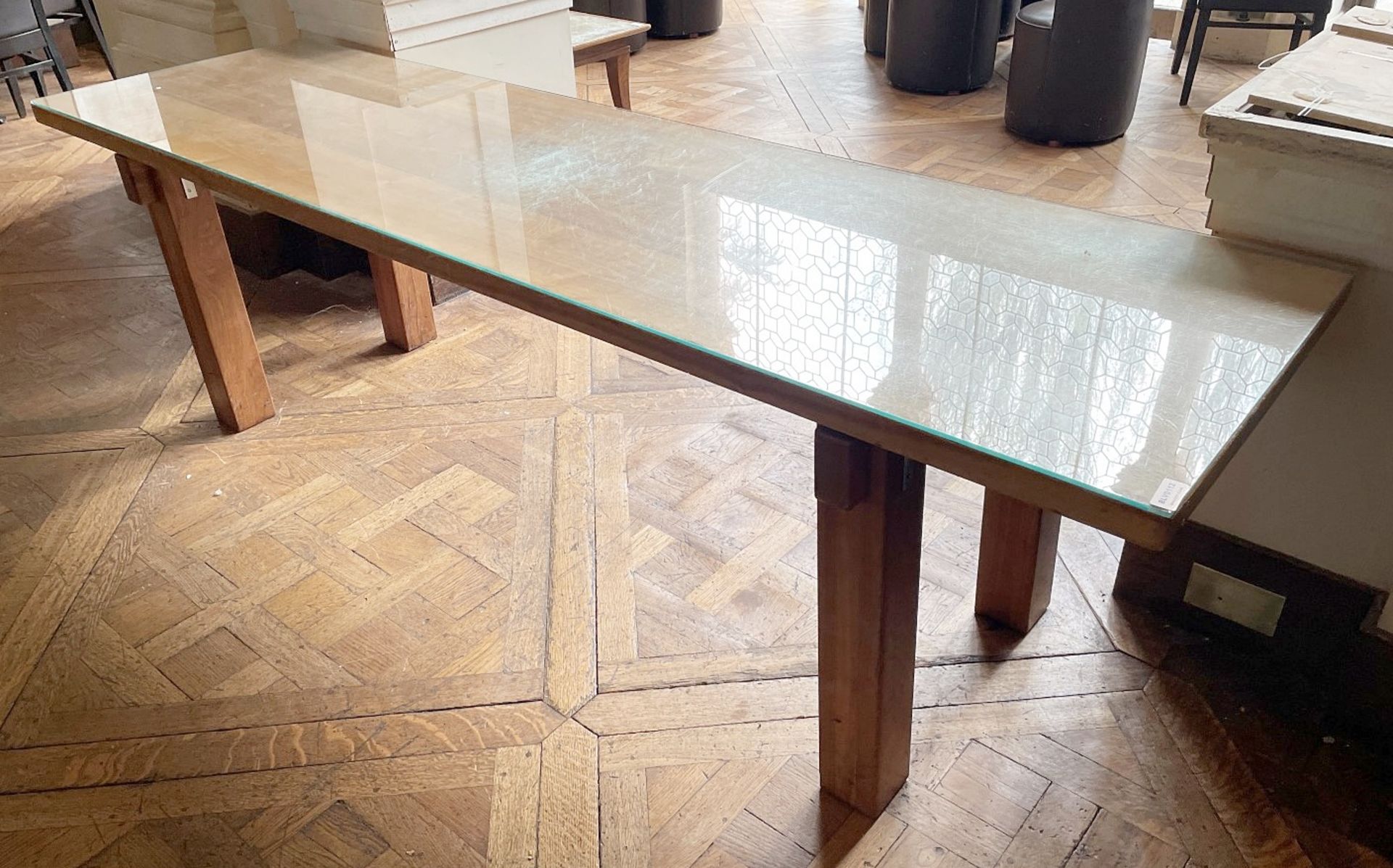 1 x Wooden 2.3 Metre Long Glass Topped Table - Dimensions: W243.5 x 68.5 x H71.5cm- Ref: BLVD112 -