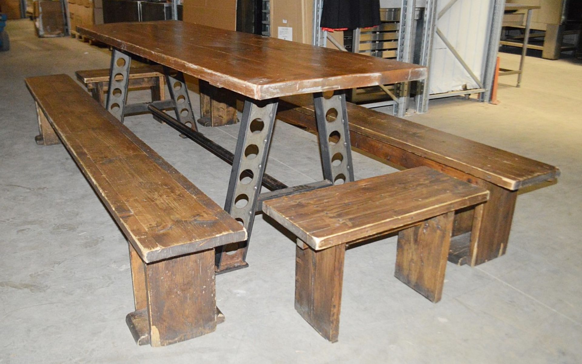 1 x Large Rustic  2.4 Metre Solid Wood Topped Banquet Table With 4 x Benches -  Pre-owned, From A