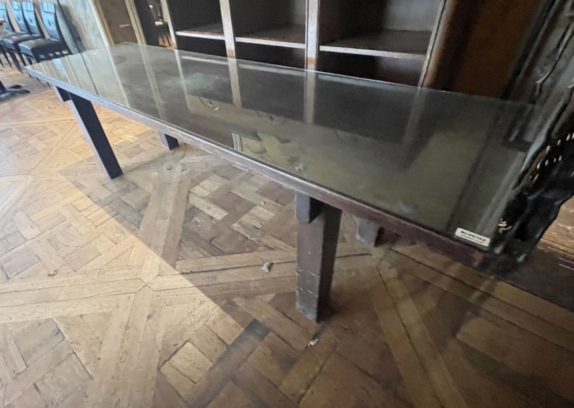 1 x Wooden 2.3 Metre Long Glass Topped Table - Dimensions: W243.5 x 68.5 x H71.5cm - Ref: