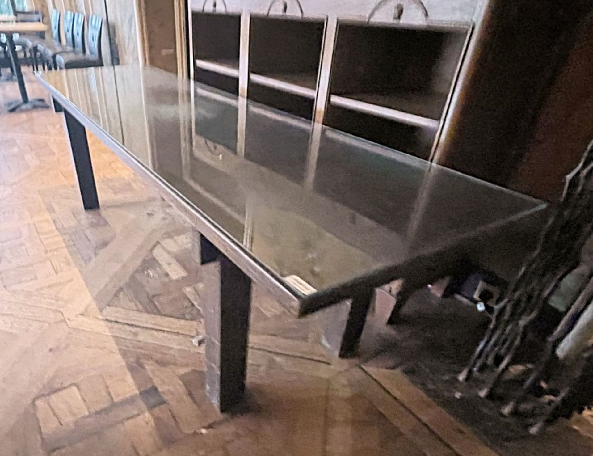 1 x Wooden 2.3 Metre Long Glass Topped Table - Dimensions: W243.5 x 68.5 x H71.5cm - Ref: - Image 2 of 3