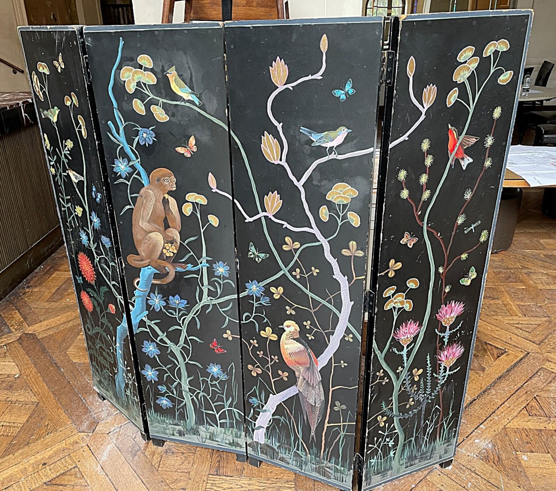 1 x Vintage 4-Panel Hand-painted Room Divider / Dressing Screen In Black With Plant And Animal