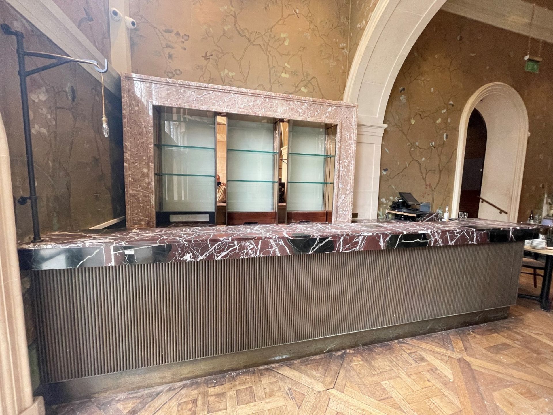 1 x Marble Topped 4.6 Metre Long Bar Front Counter With Stainless Steel Area - Ref: BLVD101 -