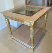 2 x Hand Carved Ornate Side Tables Complimented With Birchwood Veneer, Golden Pillar Legs, Carved