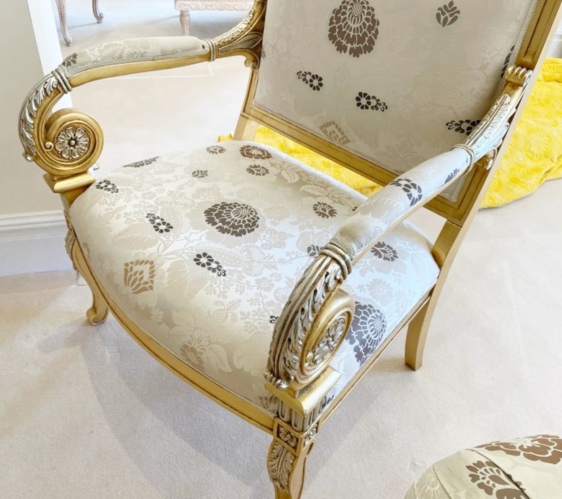 Pair of Scroll Arm Side Chair With Beautiful Carving and Bespoke Upholstery - Size: H105/46 x W75  x - Image 14 of 25