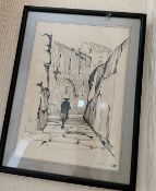 1 x Framed Limited Edition Sketch Featuring A Rabbi Walking And The Walls Of Jerusalem  - No. 21/500