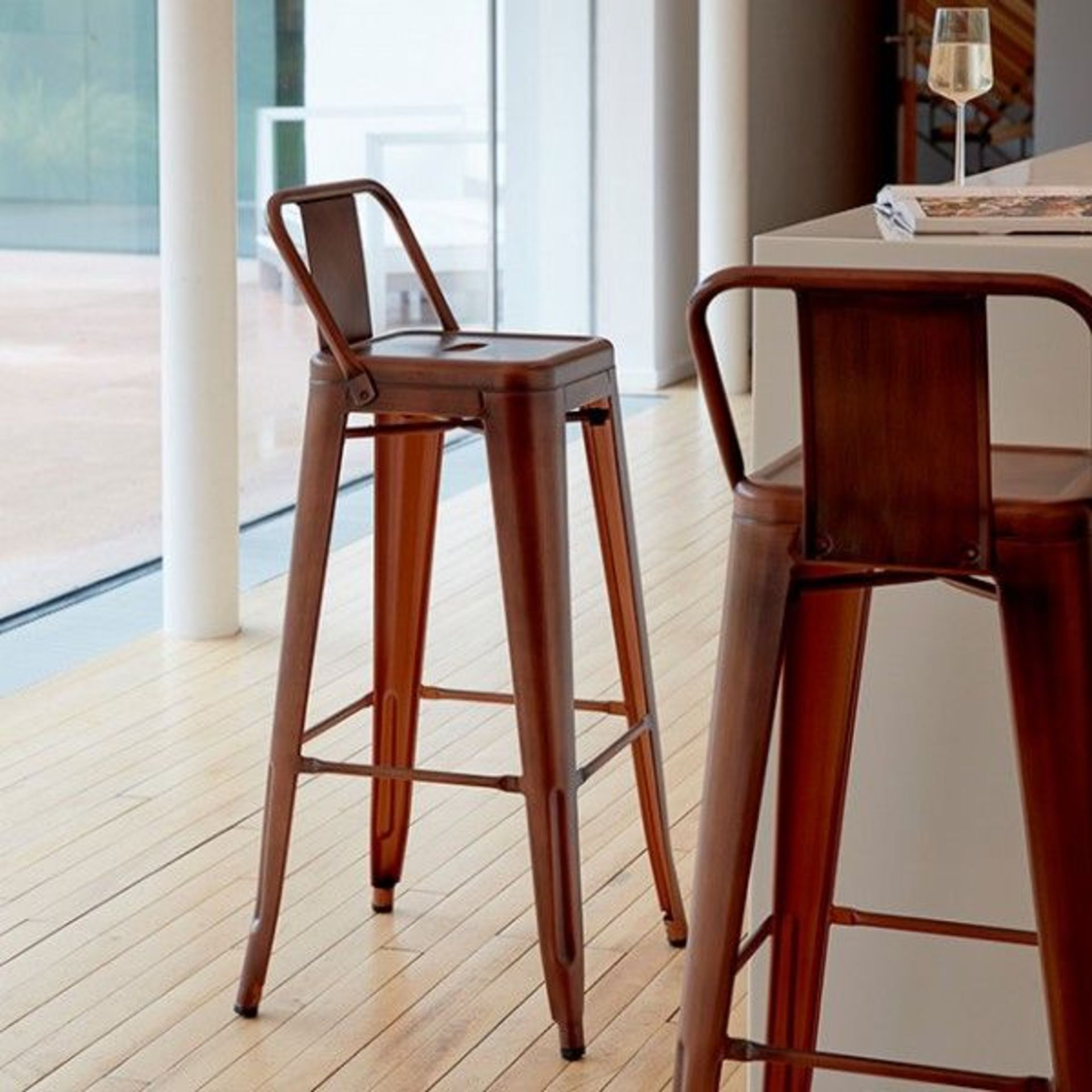 4 x Industrial Tolix Style Stackable Bar Stools With Backrests - Finish: COPPER - Ideal For Bistros,