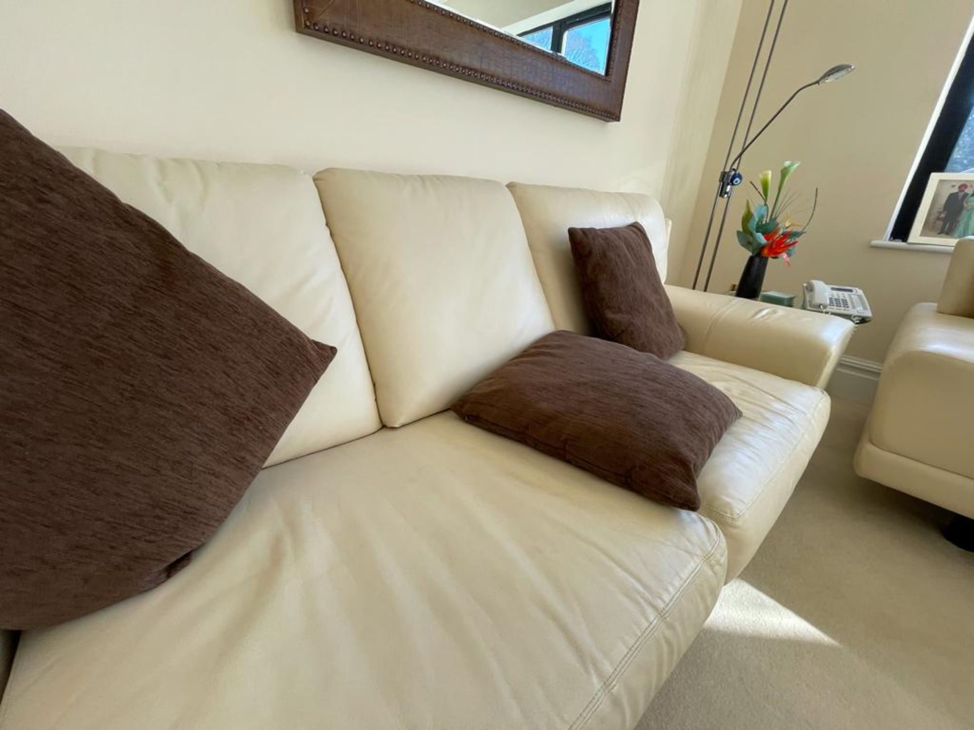 2 x Genuine Cream Leather Contemporary Sofas With Large Armpads and Curved Backs - NO VAT ON THE - Image 2 of 23