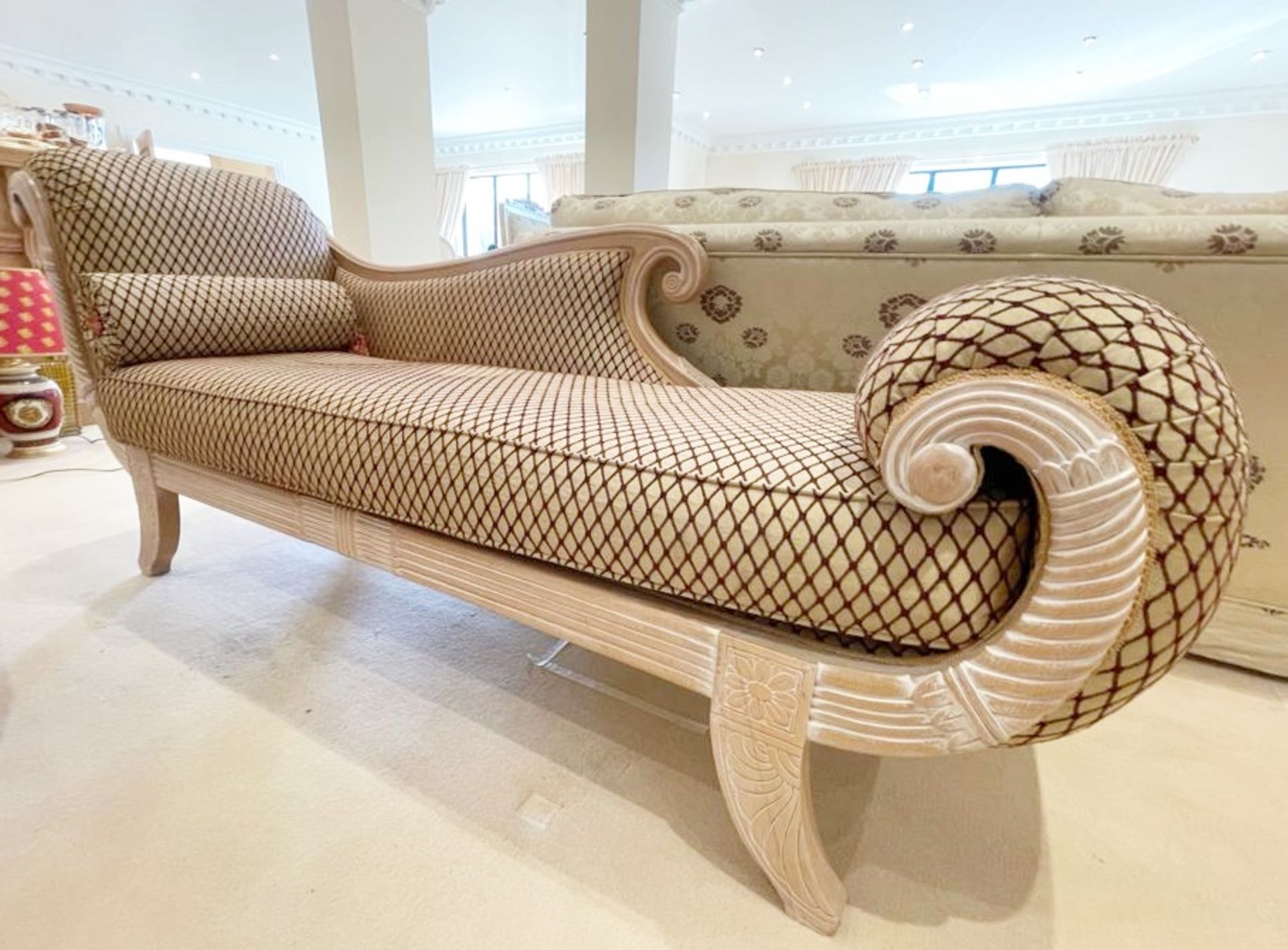 1 x Elegant Chaise Longue Sofa With Carved Wooden Frame, Scroll End and Diamond  Pattern Fabric - NO - Image 11 of 16