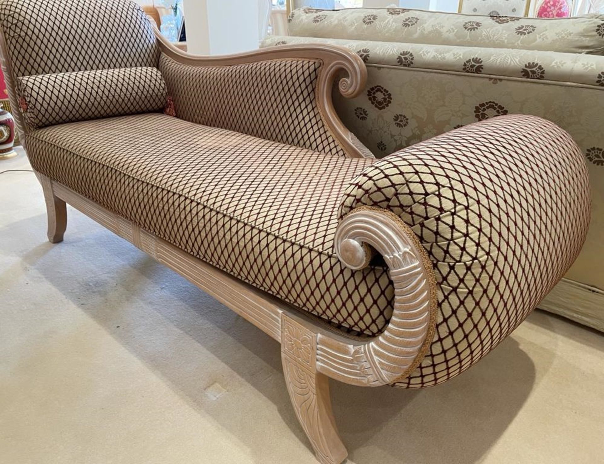 1 x Elegant Chaise Longue Sofa With Carved Wooden Frame, Scroll End and Diamond  Pattern Fabric - NO - Image 5 of 16