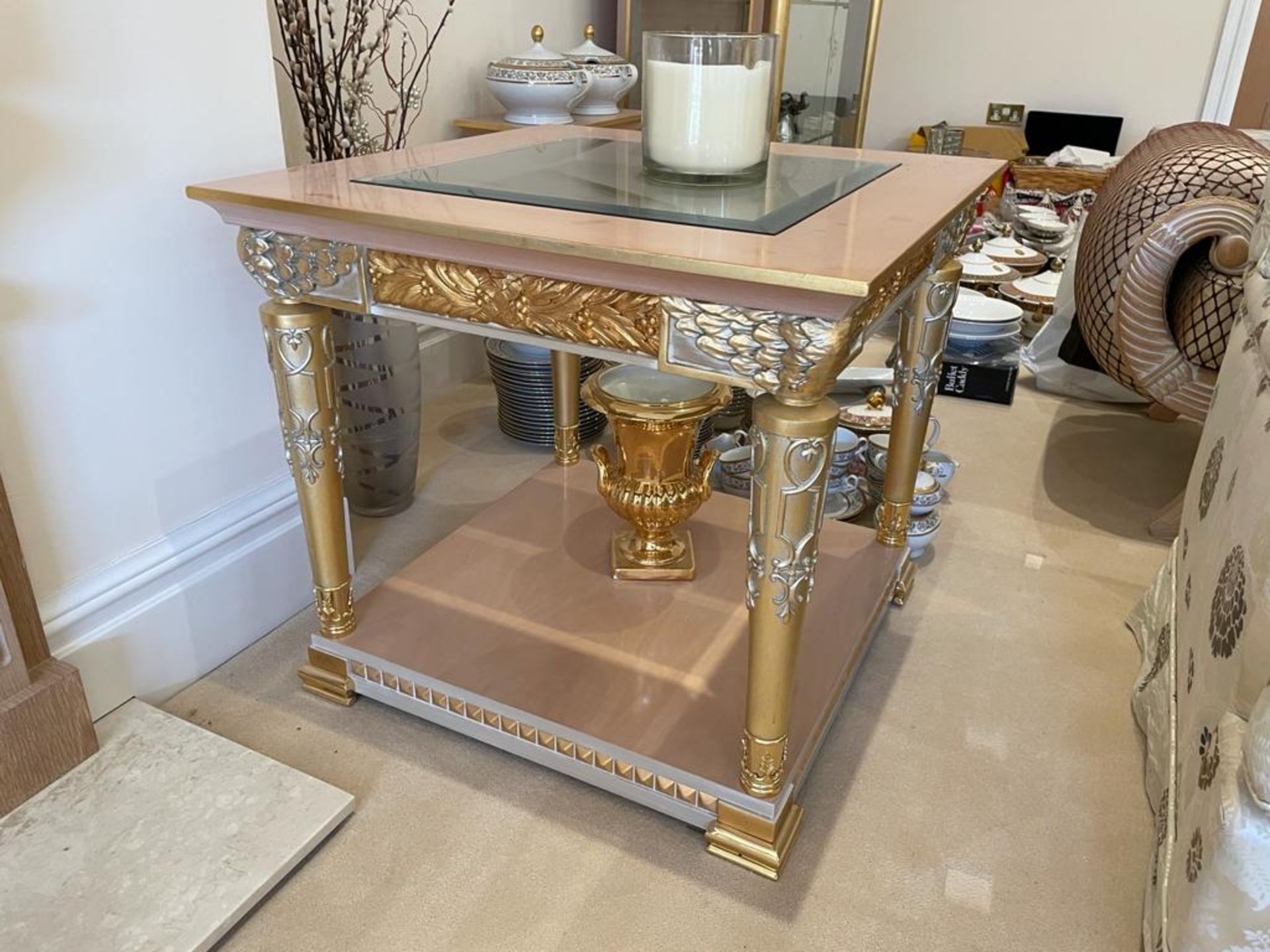 2 x Hand Carved Ornate Side Tables Complimented With Birchwood Veneer, Golden Pillar Legs, Carved - Image 11 of 13
