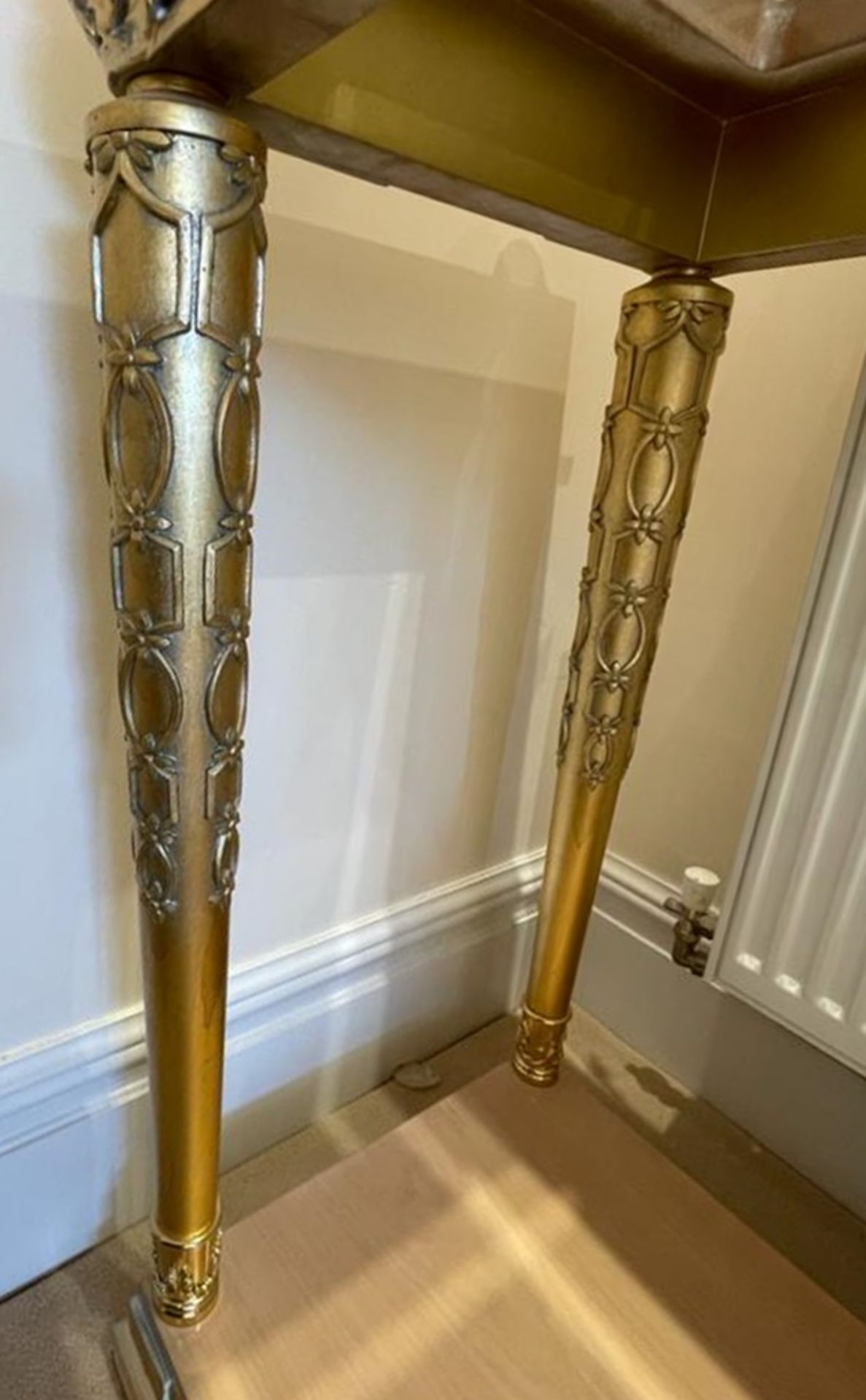 1 x Hand Carved Ornate Console Table Complimented With Birchwood Veneer, Golden Pillar Legs, - Image 9 of 10