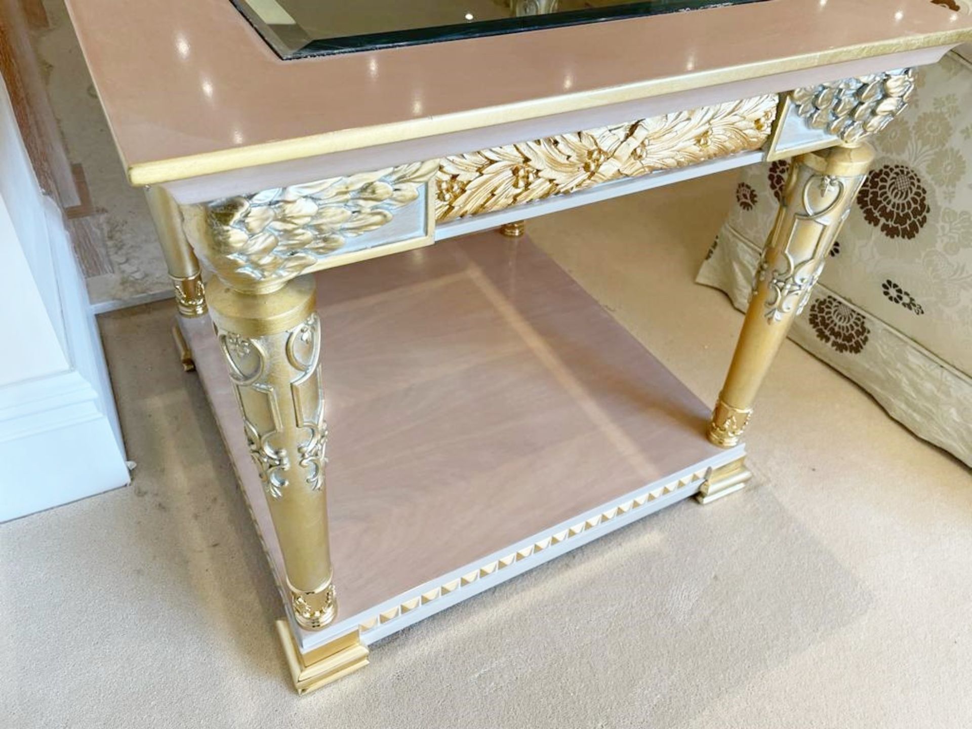 2 x Hand Carved Ornate Side Tables Complimented With Birchwood Veneer, Golden Pillar Legs, Carved - Image 4 of 13