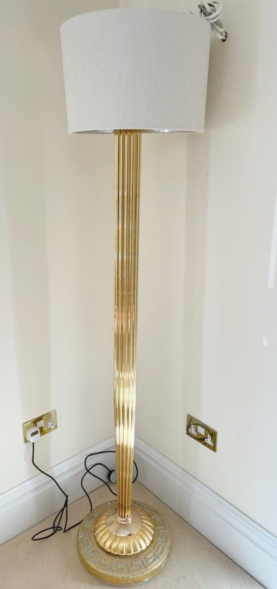 1 x Greek Style Floor Lamp With Weighted Bases, Brass Columns, Frosted Uplight Shade and Inline On/ - Image 10 of 14