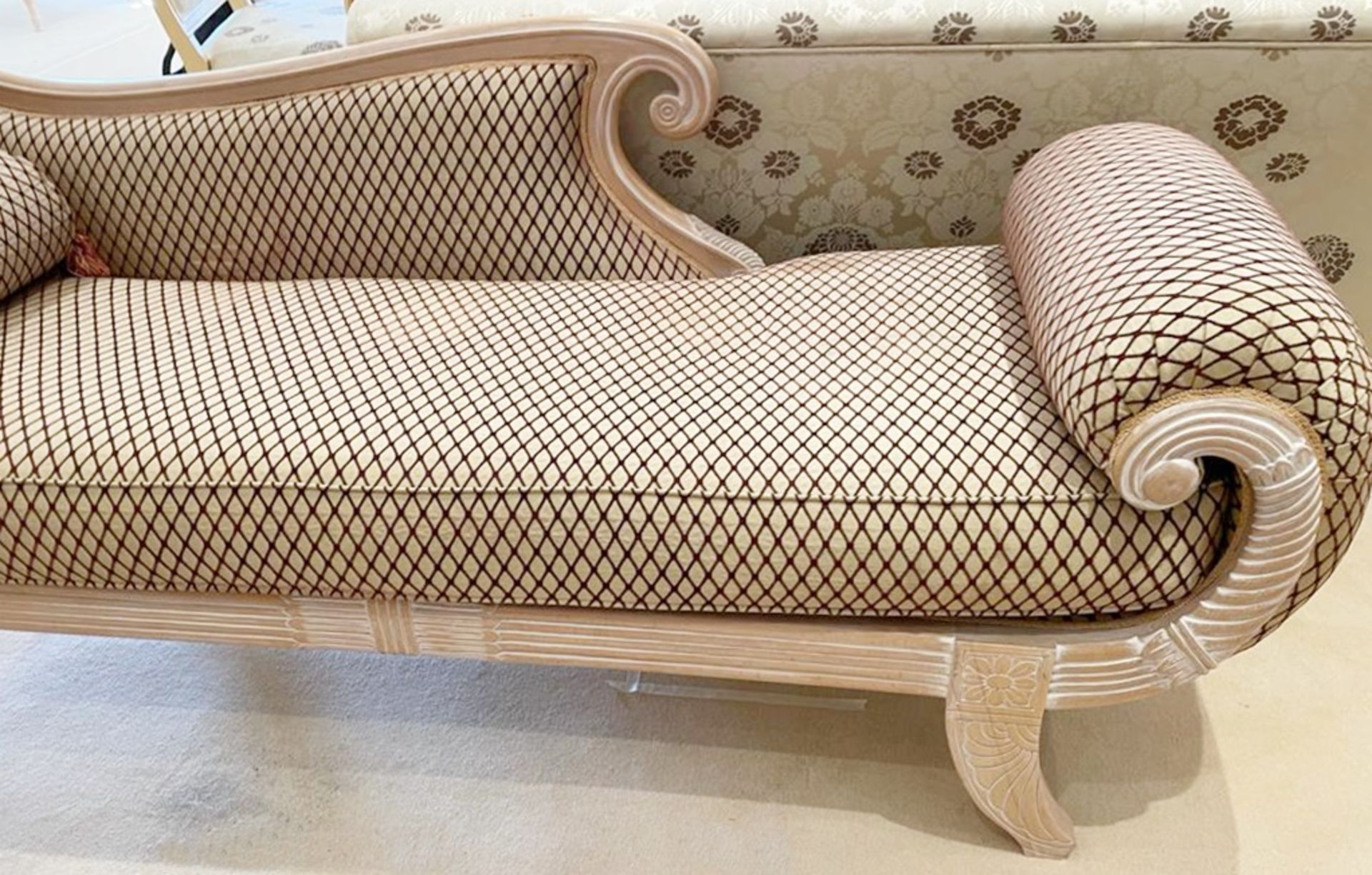 1 x Elegant Chaise Longue Sofa With Carved Wooden Frame, Scroll End and Diamond  Pattern Fabric - NO - Image 10 of 16