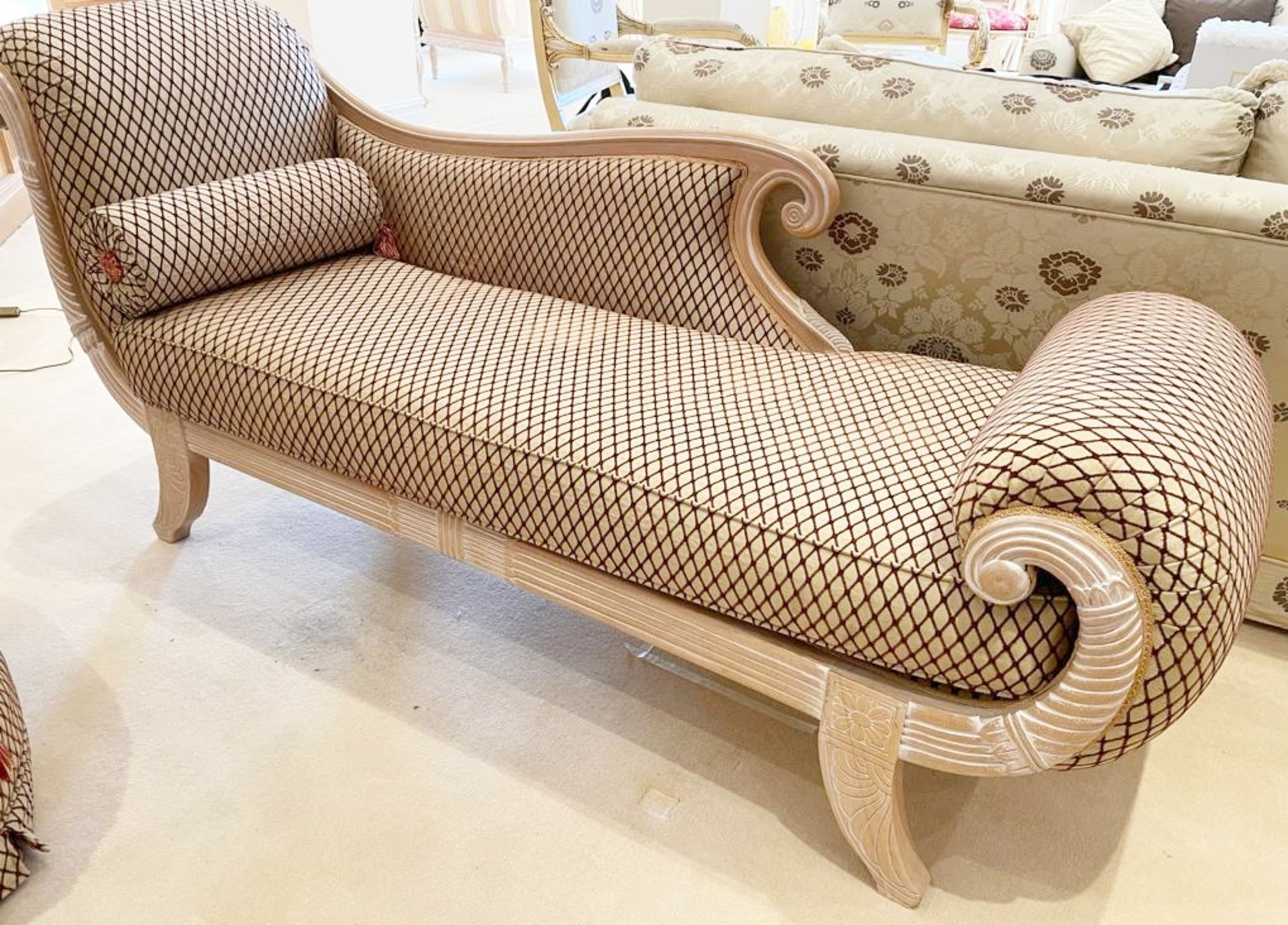 1 x Elegant Chaise Longue Sofa With Carved Wooden Frame, Scroll End and Diamond  Pattern Fabric - NO