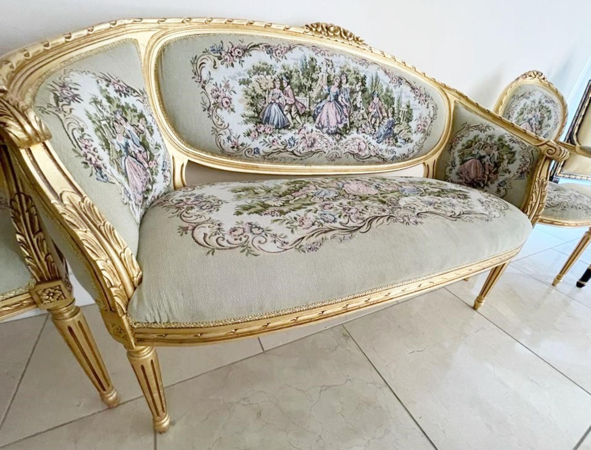1 x Louis XVI French Style Three-Piece Salon Suite With Tapestry Upholstery and Carved Gold - Image 36 of 37