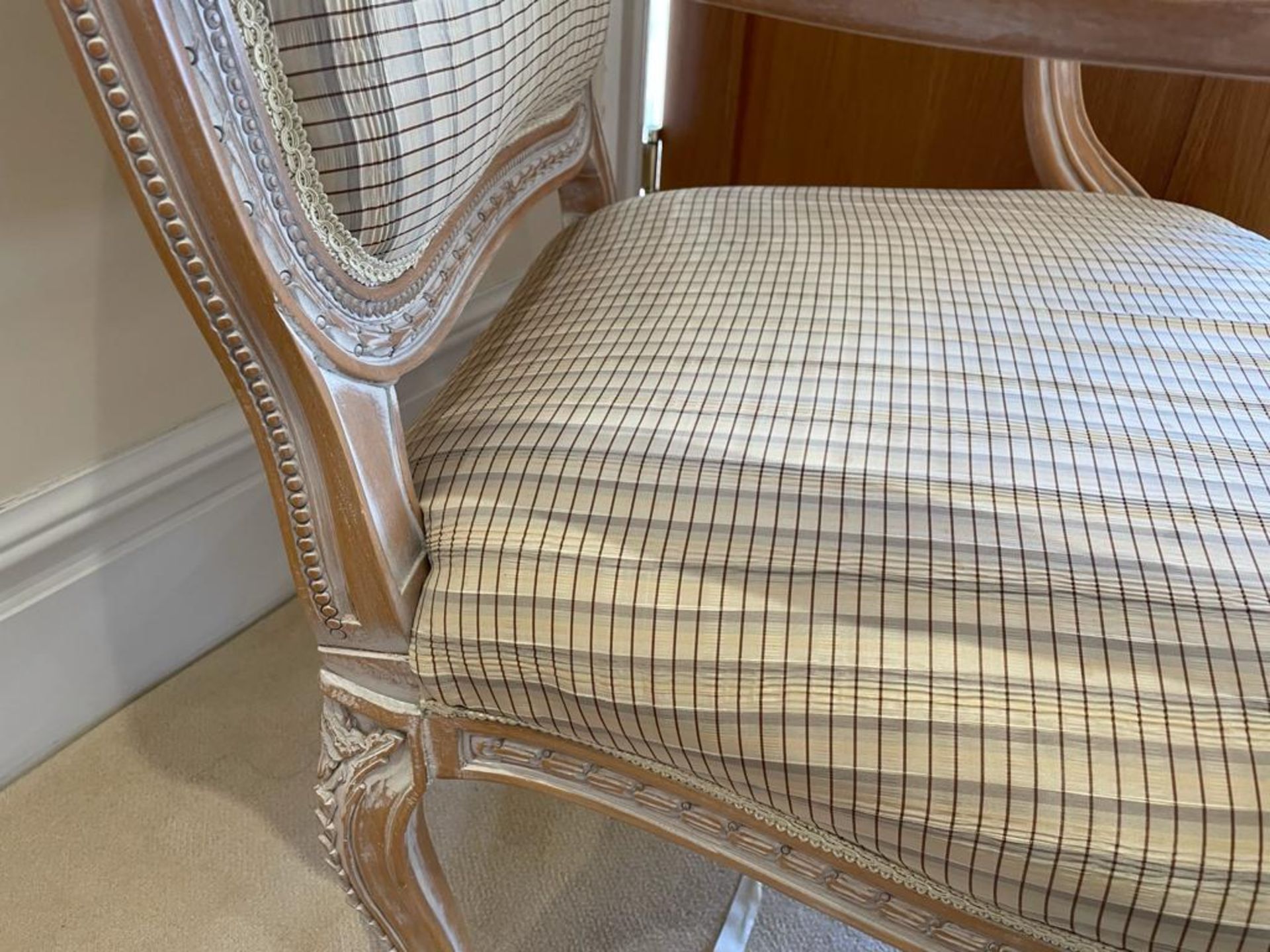 Pair of French Shabby Chic Bedroom Chairs - Stunning Carved Wood Chair Upholstered With Striped - Image 5 of 16