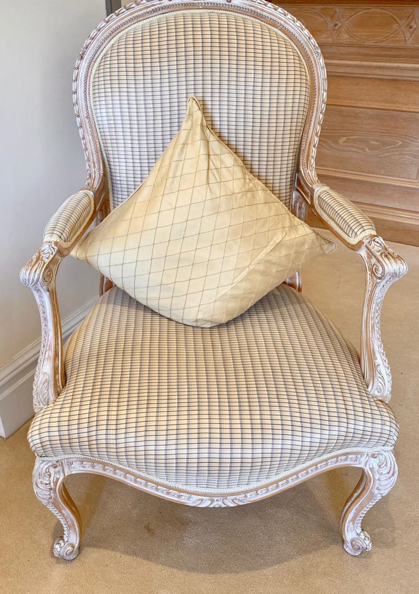 Pair of French Shabby Chic Bedroom Chairs - Stunning Carved Wood Chair Upholstered With Striped - Image 9 of 16
