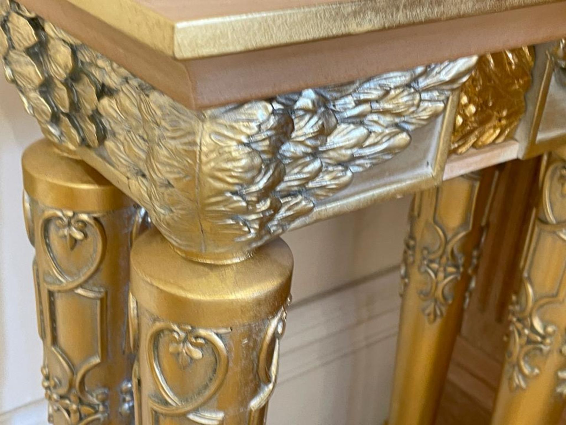 1 x Hand Carved Ornate Lamp Tables Complimented With Birchwood Veneer, Golden Pillar Legs, Carved - Image 2 of 10