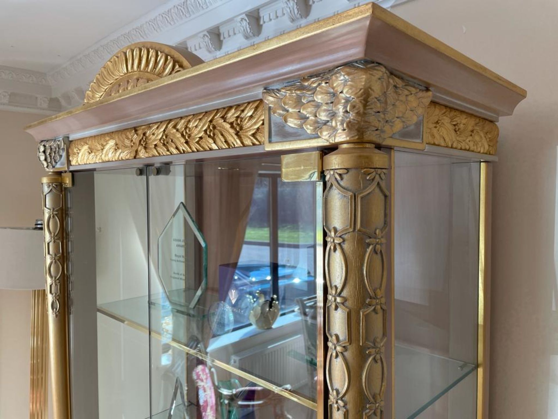 1 x Grand Showcase Upright Display Cabinet With Hand Carved Detail Finished in Gold - Features - Image 6 of 12