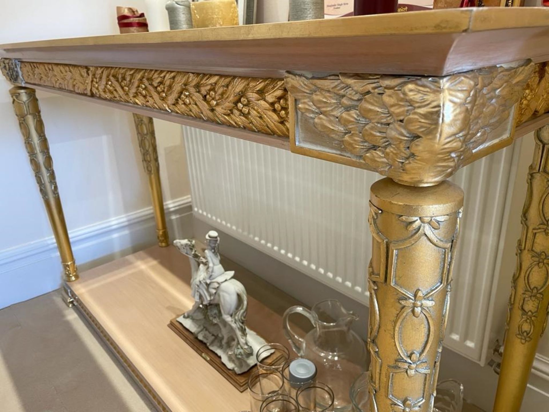 1 x Hand Carved Ornate Console Table Complimented With Birchwood Veneer, Golden Pillar Legs, - Image 4 of 10