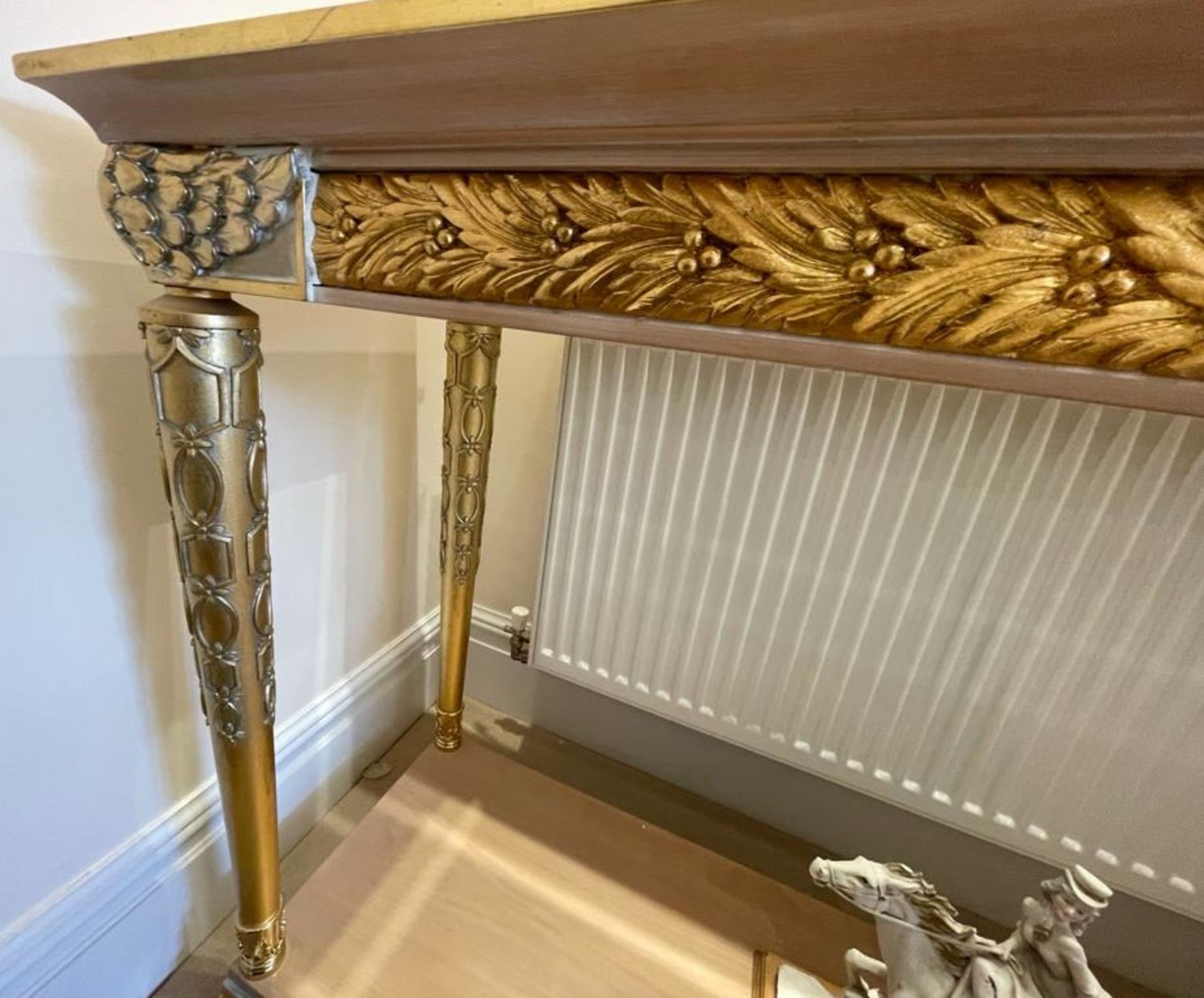 1 x Hand Carved Ornate Console Table Complimented With Birchwood Veneer, Golden Pillar Legs, - Image 6 of 10