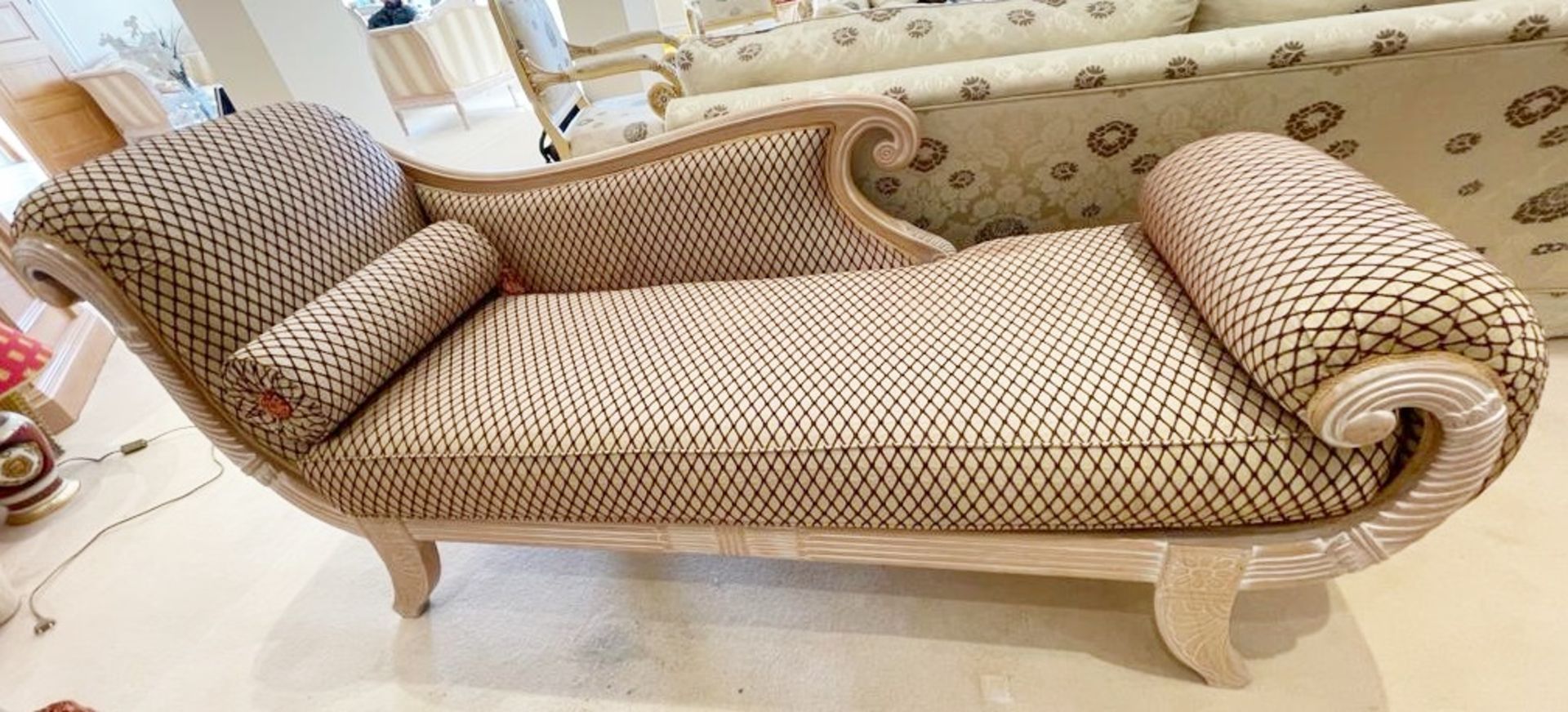 1 x Elegant Chaise Longue Sofa With Carved Wooden Frame, Scroll End and Diamond  Pattern Fabric - NO - Image 3 of 16
