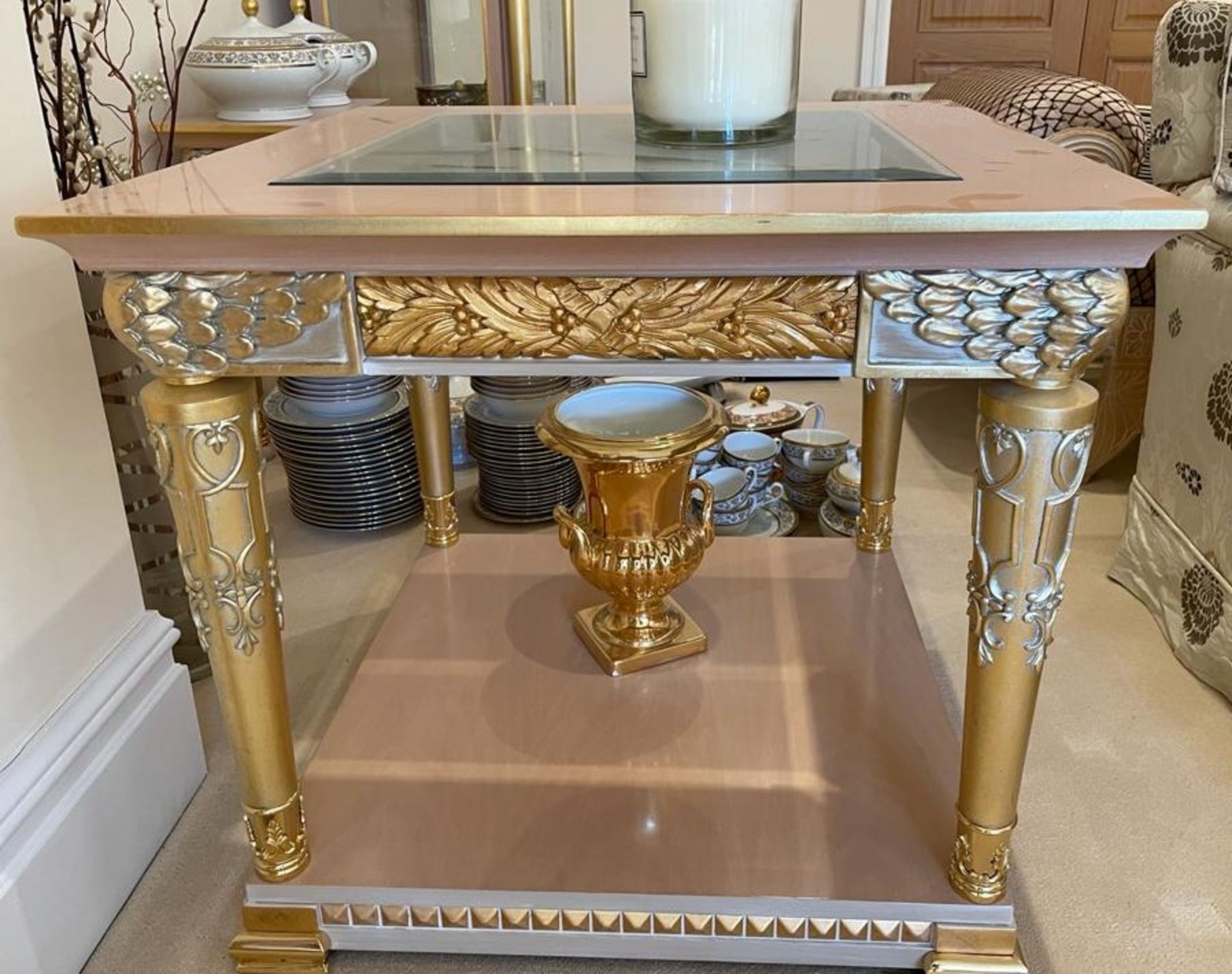 2 x Hand Carved Ornate Side Tables Complimented With Birchwood Veneer, Golden Pillar Legs, Carved - Image 6 of 13