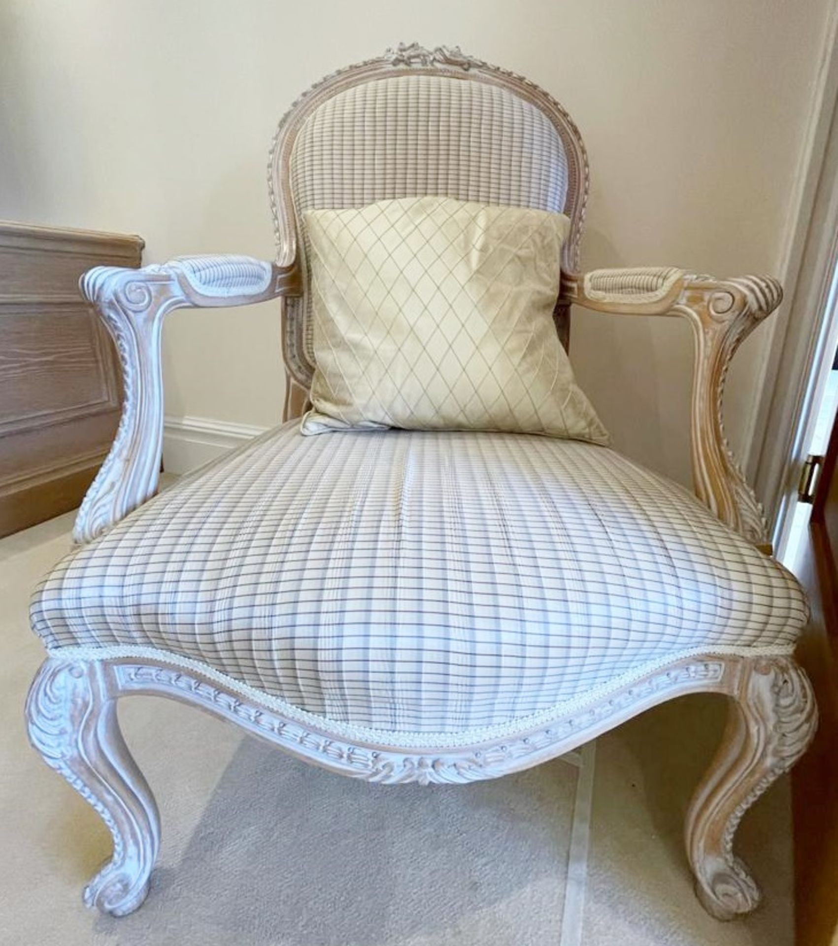 Pair of French Shabby Chic Bedroom Chairs - Stunning Carved Wood Chair Upholstered With Striped - Image 10 of 16