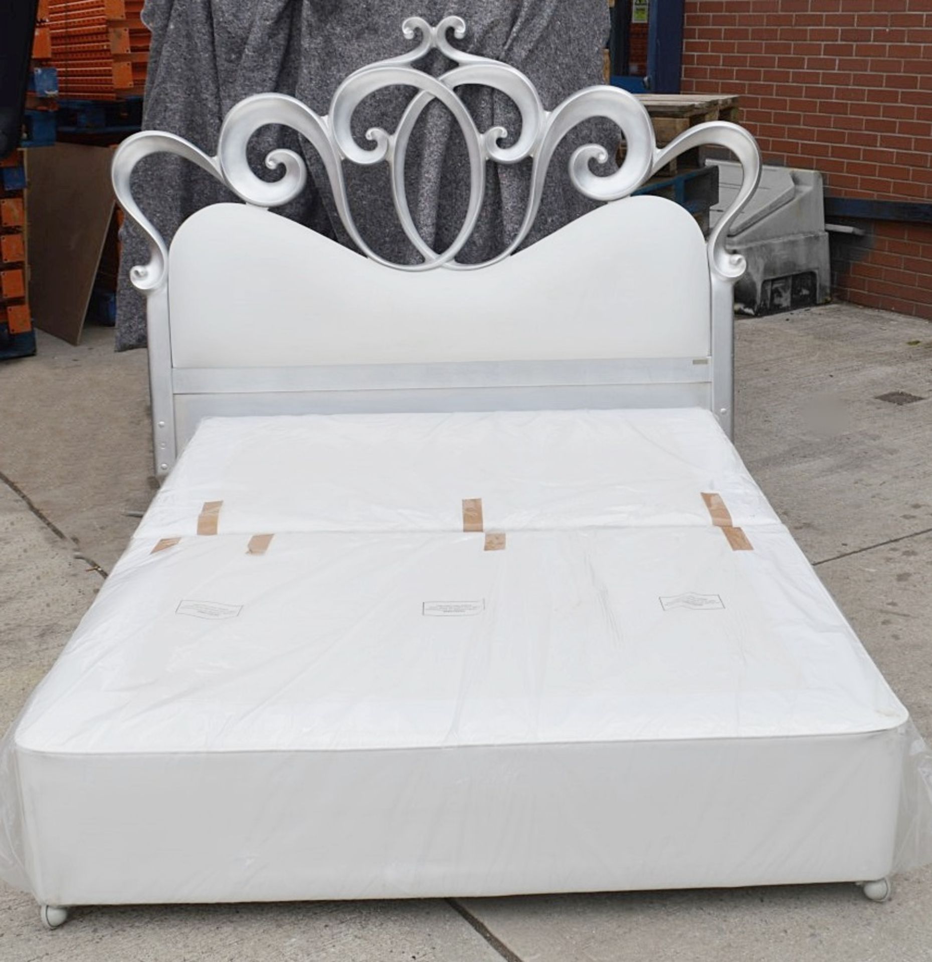 1 x Kingsize Divan Bed With An Ornate CorteZari Italian Headboard In Silver Upholstered In White - Image 2 of 4