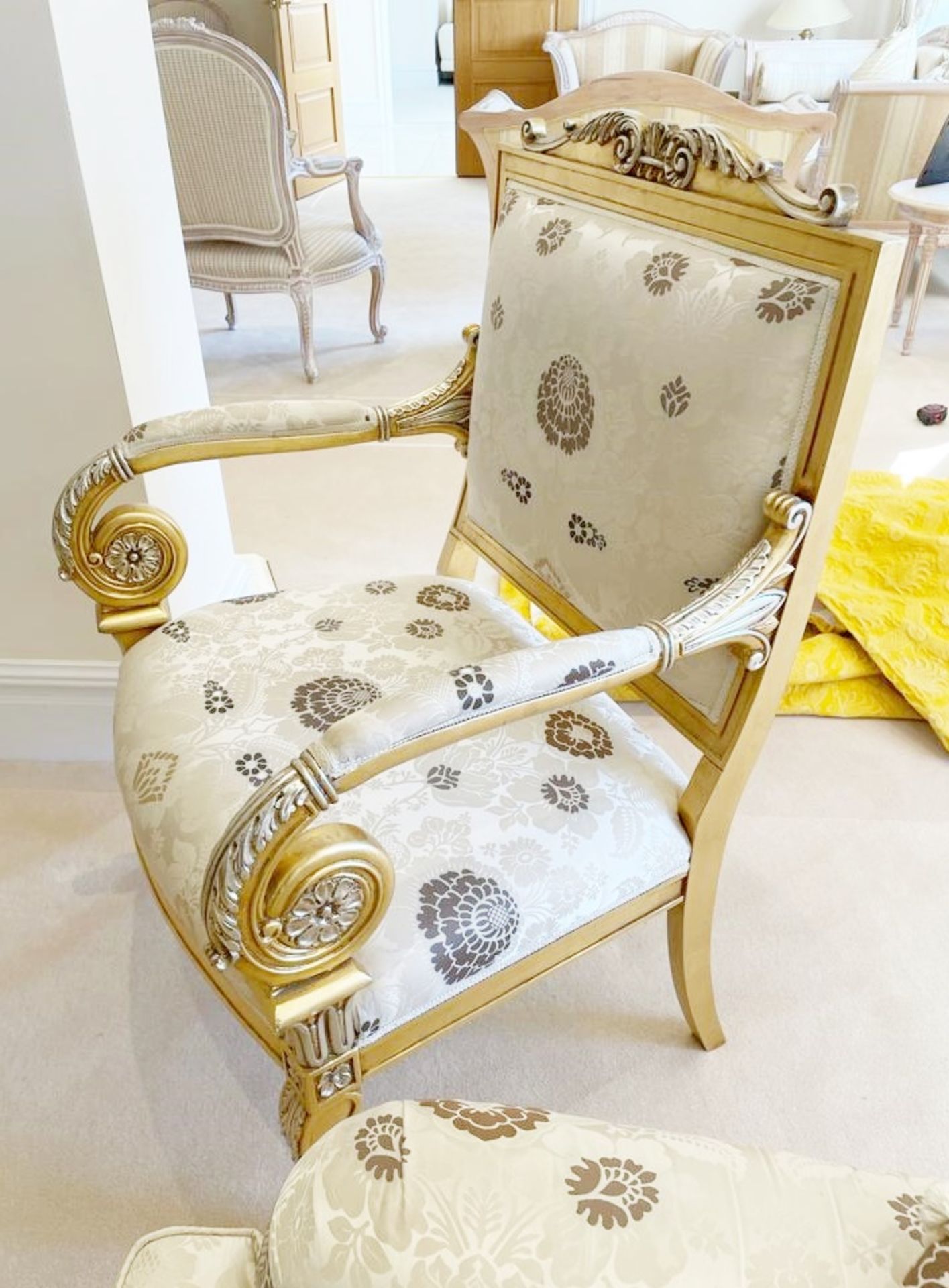 Pair of Scroll Arm Side Chair With Beautiful Carving and Bespoke Upholstery - Size: H105/46 x W75  x - Image 5 of 25