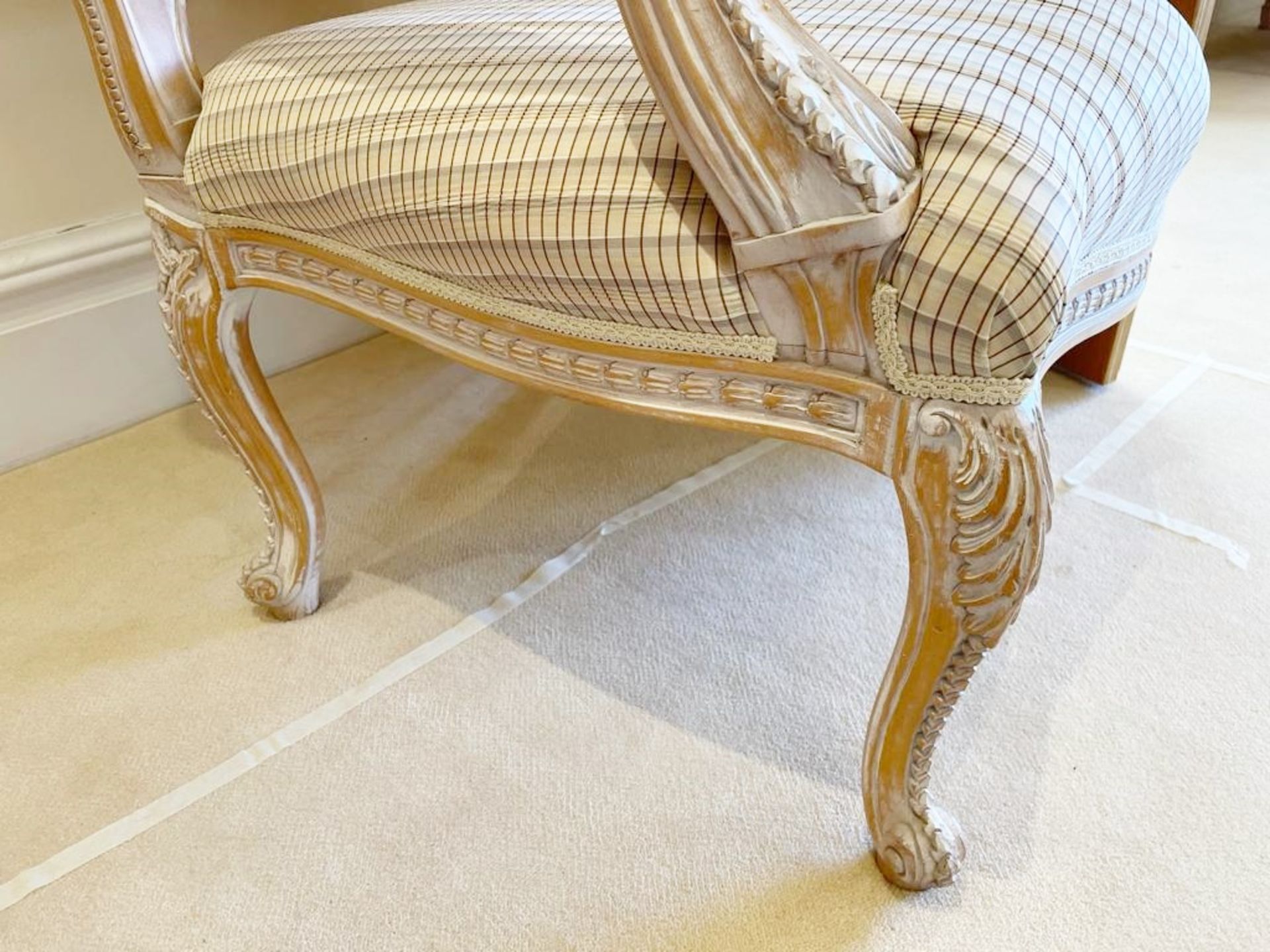 Pair of French Shabby Chic Bedroom Chairs - Stunning Carved Wood Chair Upholstered With Striped - Image 8 of 16