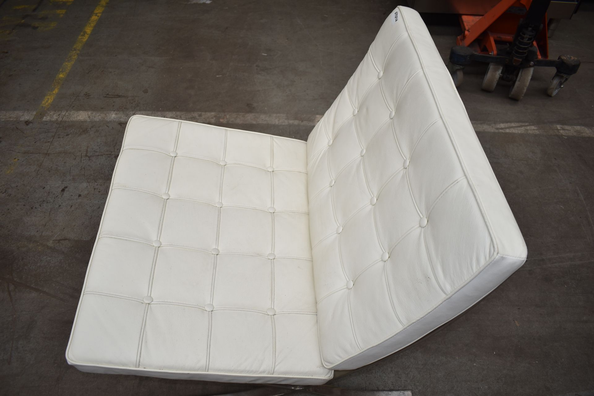 1 x Contemporary Lounge Chair With Strap Supports, Chrome Base and White Leather Studded Seat and - Image 2 of 9