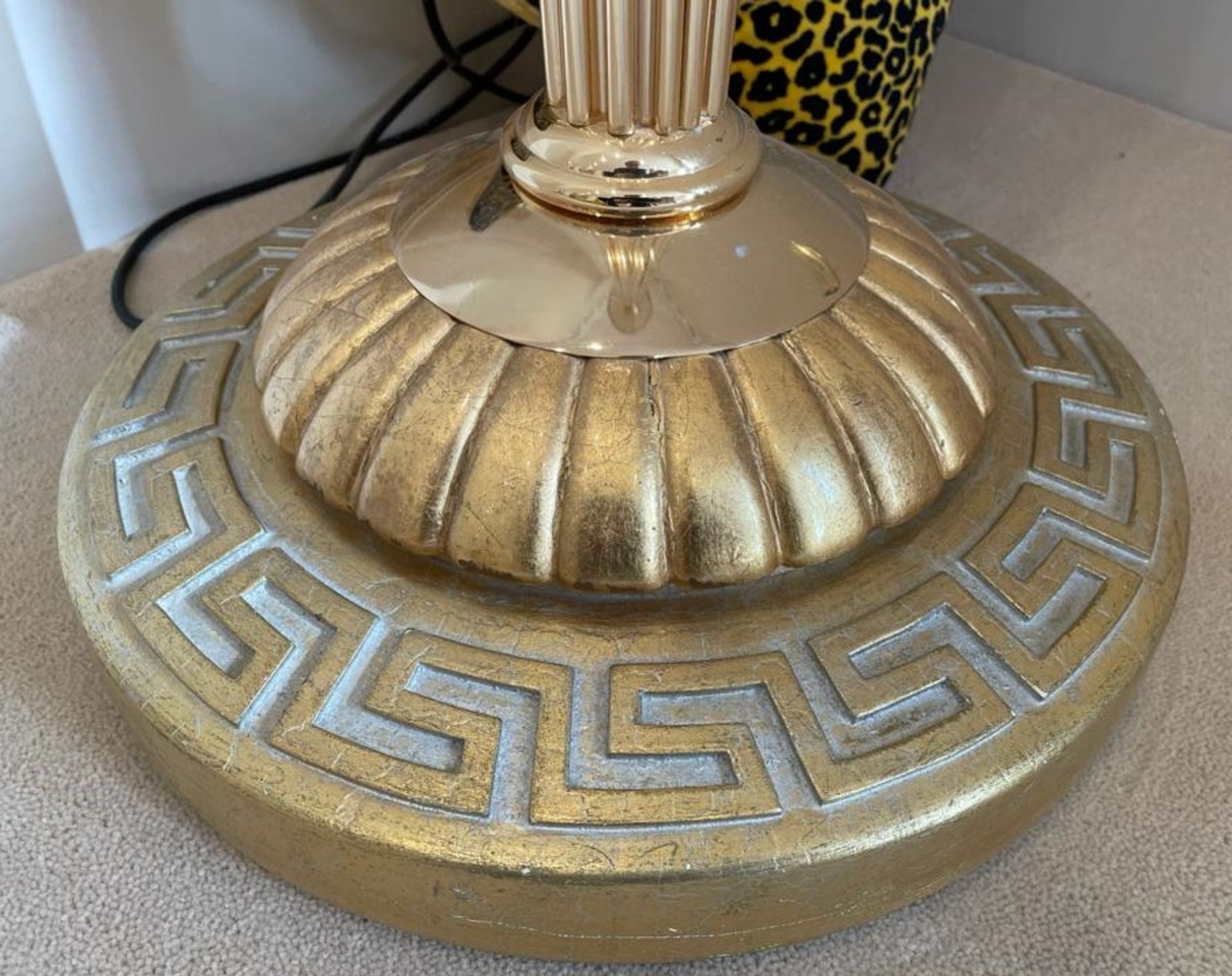 1 x Greek Style Floor Lamp With Weighted Bases, Brass Columns, Frosted Uplight Shade and Inline On/ - Image 3 of 14